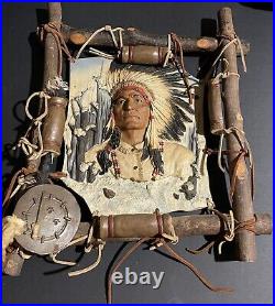 Native American Indian Indigenous People Wood And Leather Framed Art Vintage