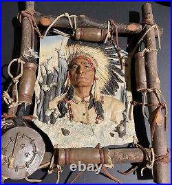 Native American Indian Indigenous People Wood And Leather Framed Art Vintage