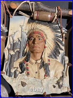 Native American Indian Indigenous People Wood And Leather Framed Art Vintage