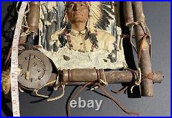 Native American Indian Indigenous People Wood And Leather Framed Art Vintage