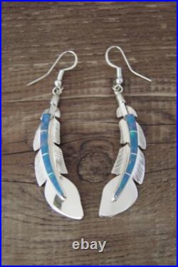 Native American Indian Jewelry Sterling Silver Opal Feather Earrings