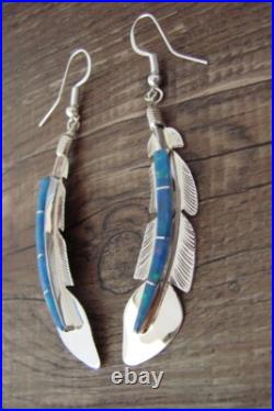 Native American Indian Jewelry Sterling Silver Opal Feather Earrings