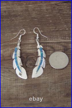 Native American Indian Jewelry Sterling Silver Opal Feather Earrings