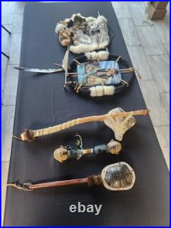 Native American Indian Lot Rawhide Shaman, Turtle Rattle, Hunting Hammer, Art