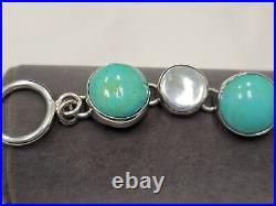 Native American Indian Navajo Turquoise Round Wrist Bracelet Silver 925 7 Link