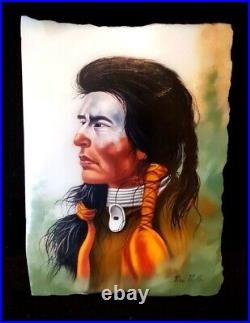 Native American Indian Oil Painting On Stone Slab By Rico R. G. Vintage Art