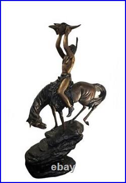 Native American Indian Riding a Horse Holding A Skull Bronze Statue 59 SIGNED