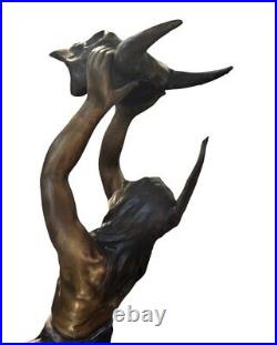 Native American Indian Riding a Horse Holding A Skull Bronze Statue 59 SIGNED