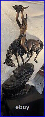 Native American Indian Riding a Horse Holding A Skull Bronze Statue 59 SIGNED