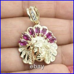 Native American Indian Ruby with CZ Bail Pendant Solid 10K Yellow Gold All Sizes