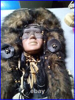 Native American Indian Spirit Mask Face Wall Hanging Real Fur Feathers