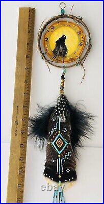 Native American Indian Spirit Prayer Feather Wolf Medicine Shield Wall Hanging