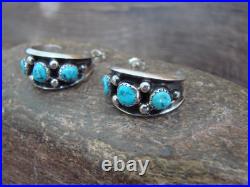 Native American Indian Sterling Silver & Turquoise 3/4 Hoop Earrings Largo