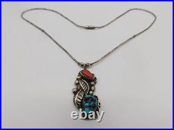 Native American Indian Sterling Silver Turquoise Coral Stone Seed Leaf Necklace