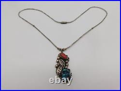 Native American Indian Sterling Silver Turquoise Coral Stone Seed Leaf Necklace