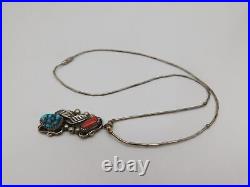 Native American Indian Sterling Silver Turquoise Coral Stone Seed Leaf Necklace