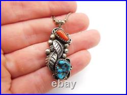 Native American Indian Sterling Silver Turquoise Coral Stone Seed Leaf Necklace