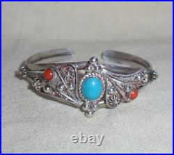 Native American Indian Turquoise Coral Sterling Silver 925 Bracelet