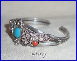 Native American Indian Turquoise Coral Sterling Silver 925 Bracelet