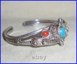 Native American Indian Turquoise Coral Sterling Silver 925 Bracelet