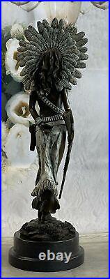 Native American Indian Warrior Girl & Gun Bronze Statue Sculpture White Patina