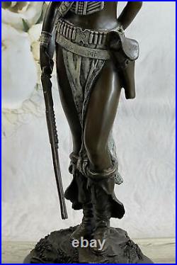 Native American Indian Warrior Girl & Gun Bronze Statue Sculpture White Patina