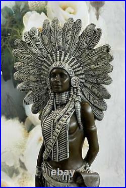 Native American Indian Warrior Girl amp Gun Bronze Sculpture Color Patina Decor