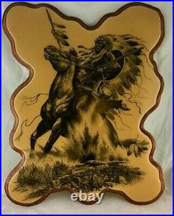 Native American Indian Warrior Man On Horse Wood Plaque Wall Hanging Signed