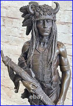 Native American Indian Warrior Shaman Buffalo Horn Headdress Bronze Statue Decor