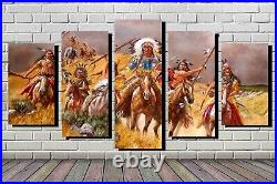 Native American Indian Warriors Canvas Wrap Wall Art 5 Panels 22 x 40 Inches