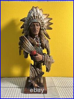 Native American Indian with Eagle Painted Resin Statue 14 Tall Decor Sculpture