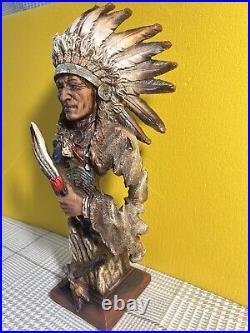 Native American Indian with Eagle Painted Resin Statue 14 Tall Decor Sculpture