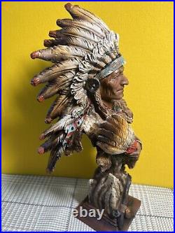 Native American Indian with Eagle Painted Resin Statue 14 Tall Decor Sculpture