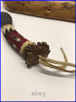 Native American Knife Indian Beaded With Deer Antler Handle And Stand
