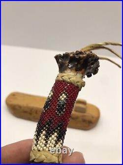 Native American Knife Indian Beaded With Deer Antler Handle And Stand