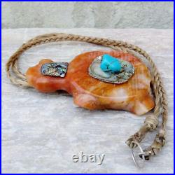 Native American-Lakota-Large Orange Alabaster TURTLE NECKLACE-Bear Romero
