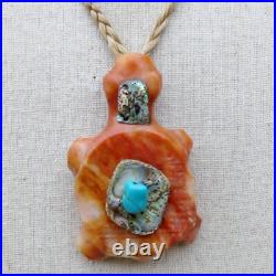 Native American-Lakota-Large Orange Alabaster TURTLE NECKLACE-Bear Romero