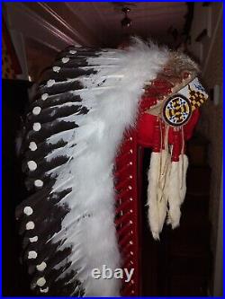 Native American Lakota Style Inspired Painted Case and Double Trailed War Bonnet