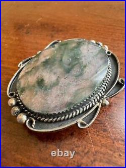 Native American Moss Agate Bolo Tie Pendant Sterling Silver 925 Unsigned Jewelry