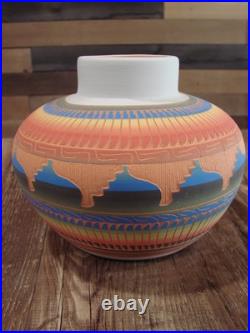 Native American Navajo Indian Hand Etched & Hand Painted Pottery M. Charlie