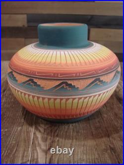 Native American Navajo Indian Hand Etched & Hand Painted Pottery M. Charlie