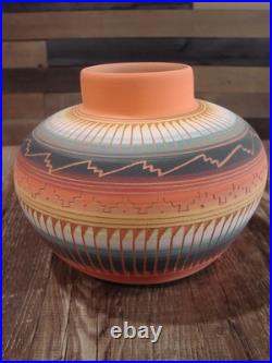 Native American Navajo Indian Hand Etched & Hand Painted Pottery M. Charlie