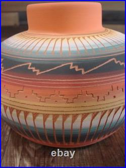 Native American Navajo Indian Hand Etched & Hand Painted Pottery M. Charlie
