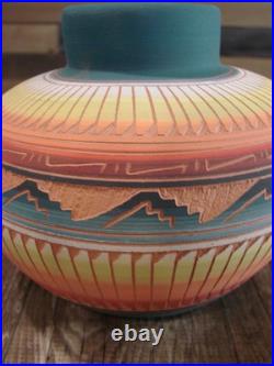 Native American Navajo Indian Hand Etched & Hand Painted Pottery M. Charlie
