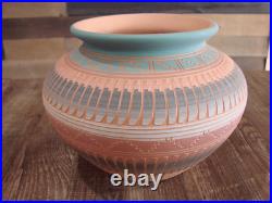 Native American Navajo Indian Hand Etched & Hand Painted Pottery M. Charlie