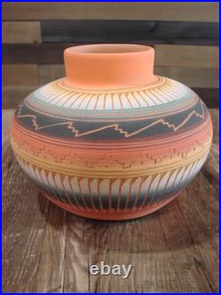 Native American Navajo Indian Hand Etched & Hand Painted Pottery M. Charlie