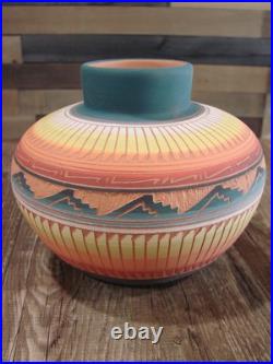Native American Navajo Indian Hand Etched & Hand Painted Pottery M. Charlie