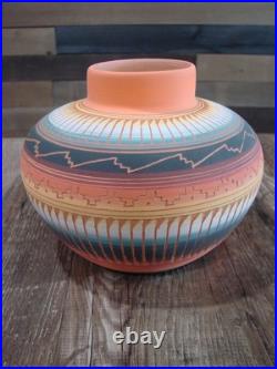 Native American Navajo Indian Hand Etched & Hand Painted Pottery M. Charlie