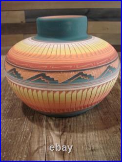 Native American Navajo Indian Hand Etched & Hand Painted Pottery M. Charlie