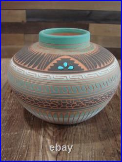 Native American Navajo Indian Hand Etched & Hand Painted Pottery Valencia